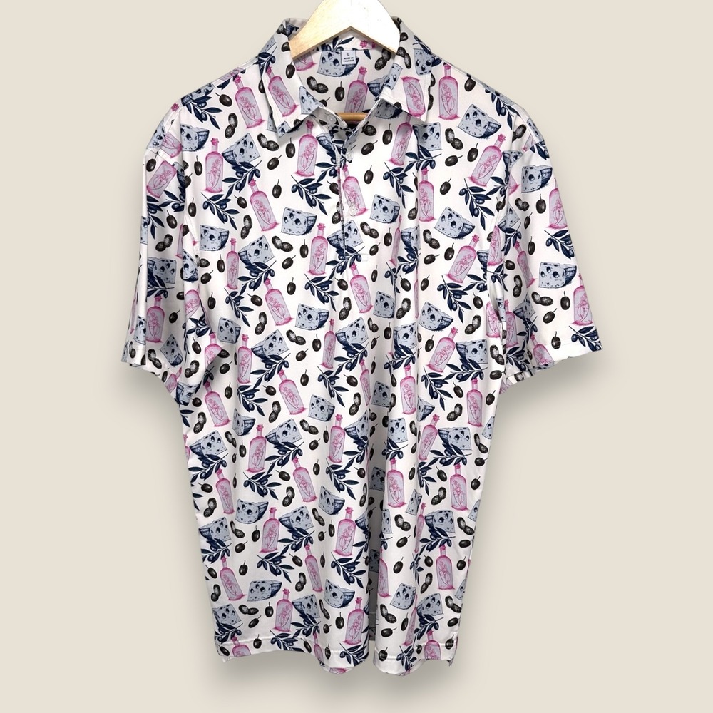 Full Turn Golf Polo Shirt Men Large White Pink All Over Print Picnic Liquor Gin